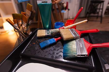 艺术家油漆刷调色板工作室工作调子工艺爱好教育工具帆布创造力图片