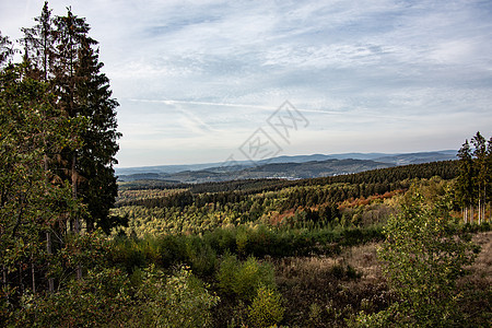 Sieger和Sauerland全景落叶棕色黄色蓝色云层天空绿色自由森林树木图片