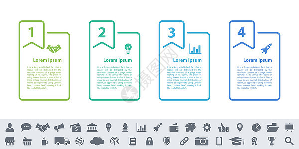 具有4个步骤的制图设计业务概念里程碑标签按钮商业战略流程图推介会数据图表技术背景图片