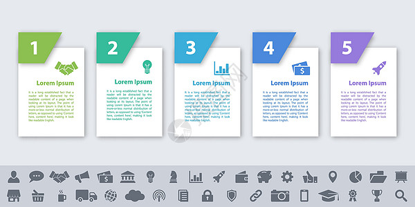 具有5个步骤的制图设计业务概念顺序流程流程图商业议程横幅脚步组织按钮标签图片