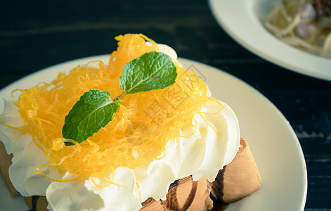 金蛋黄银线或糕点橙子薄荷早餐甜点便饭美食烹饪金线糖果图片