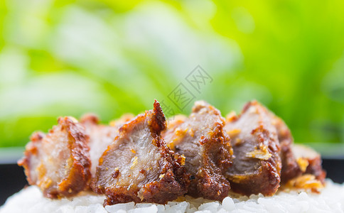 天然绿树上带大蒜和稻米的泰国粮食炸猪肉图片