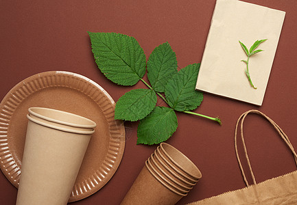 棕色手工艺纸和再生马的废纸用具生态盘子刀具回收野餐商品午餐绿色餐具环境图片