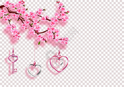 情人节 樱花和首饰 粉红色花枝 树叶和影子芽 在透明背景下展示 插图图片