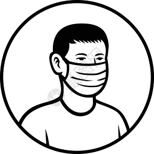 亚洲青少年男孩戴面罩前视环黑白反转圈 黑白插图圆圈手术艺术品口罩黑与白面具男生图片