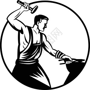 铁匠铸造工与锤子敲打黑白工业工匠铸造艺术插图罢工回归吉祥物复古精神图片