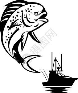 鱼与渔船一起跳上背景黑白反光船图片
