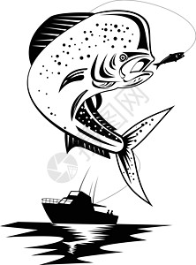 鱼与渔船反黑白游艇跳跃艺术品钓鱼卷轴插图鲇鱼缫丝血管鲳鱼豚鱼艺术图片