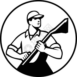 持有真空圆环黑白男人零售商圆圈艺术品清洁工吸尘器打扫男性工人插图图片
