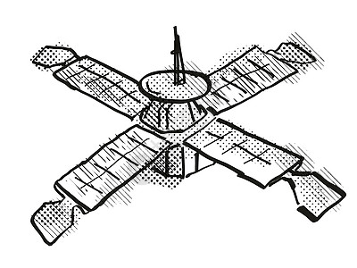 虚拟空间方案或卫星卡通回溯式绘图手绘天文学飞船草图调点阴影风格影线勘探卡通片图片