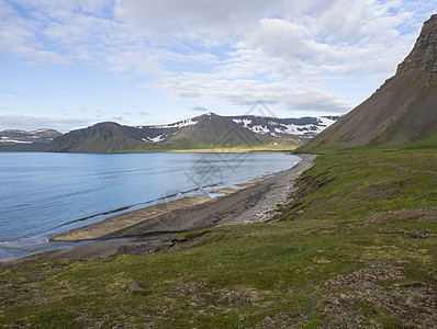 北部夏季景观 沙滩可欣赏美丽的白雪覆盖的悬崖和 Alfsfell 山 的 Hloduvik 湾 冰岛西部峡湾 绿色草地 蓝天背景图片