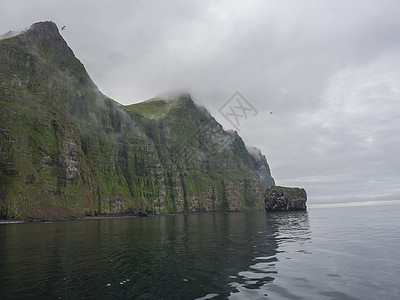 从陡峭的绿色 Hornbjarg 悬崖上的船上欣赏欧洲最大的鸟类悬崖 西峡湾 冰岛偏远的自然保护区 迷雾海洋和喜怒无常的天空草地图片