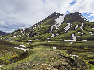 在冰岛的F210公路附近的绿苔和雪覆盖了火山山和溪流 Fjallabaki保留区Fjellabaki 白云蓝色天空图片