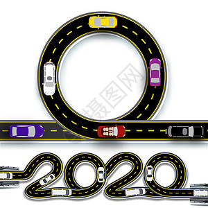 2020 年新年 道路被程式化为铭文和圆周运动 广告 公告的地方 汽车的运动 插图图片