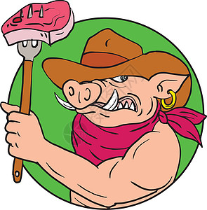 牛仔霍格(Chowboy Hog)控股烧烤牛排绘彩色图片