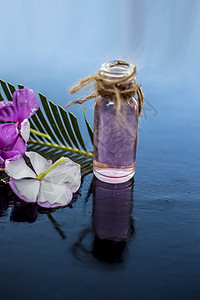 草药和植物精华 或由罗斯马林斯在木质表面的玻璃瓶中摘制出来的浓缩物 也称为玫瑰花草本玻璃绿色治疗瓶子叶子香味温泉芳香药品图片
