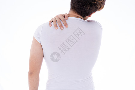 一个人感到精疲力尽 在孤立的白色背景下因肩部和颈部疼痛和受伤而身受痛苦和伤害脖子卫生肌肉男性肩膀女性成人紧张运动解剖学图片