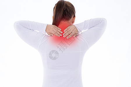 妇女感到精疲力尽 肩部和颈部在孤立的白种背景 红点上遭受疼痛和伤害 保健和医疗概念也受到影响男人肩膀背痛按摩卫生痛苦肌肉成人男性图片