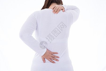 妇女感到精疲力尽 在孤立的白种背景下遭受颈部和背部疼痛和伤害 保健和医疗概念女士背痛男性肌肉压力男人疾病女孩脖子肩膀图片