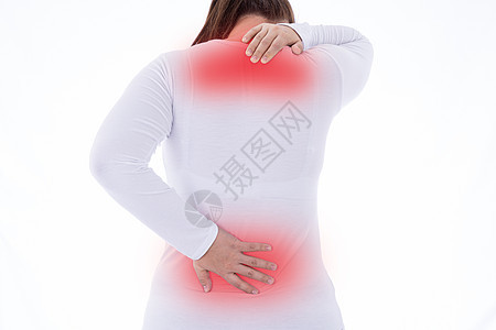 妇女感到精疲力尽 在孤立的白种背景和红点上遭受颈部和背部疼痛和伤害 保健和医疗概念图片