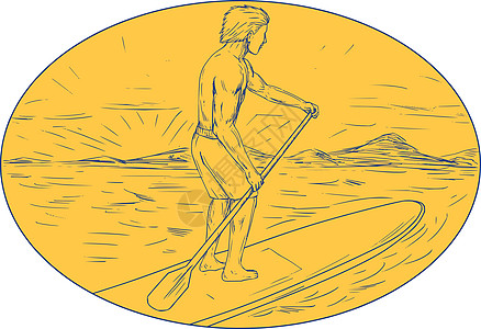 Dude 站起来划板 Oval 绘图日落草图刮板爱好艺术品墨水画线冲浪板手绘海洋图片
