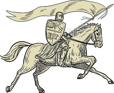 骑士骑骑马盾 长旗绘画插图旗帜刮板草图手工骑士男性画线男人骑术图片