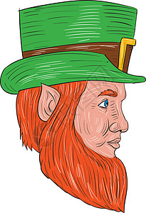 Leprechaun 首边绘图草图男性绿色男人画线刮板手工墨水胡子手绘图片