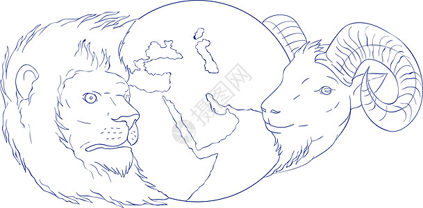 狮子拉姆环球中东绘图协会插图草图野生动物国家丛林大猫艺术品手工地球墨水图片
