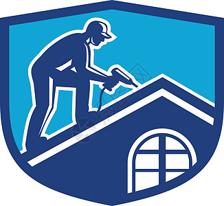 屋顶建筑施工工人工作盾牌回转插图房子帽子男人零售商艺术品钻头工具男性手钻图片