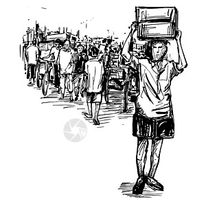 在印度 人们正在街上行走着城市景观群众社会草图街道交通行人建筑人口图片