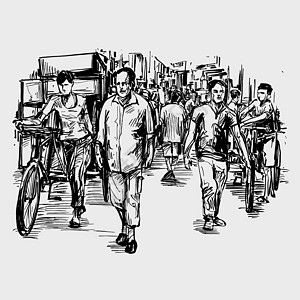 在印度 人们正在街上行走着交通城市黄包车人群绘画首都文化人口新兴市场旅行图片