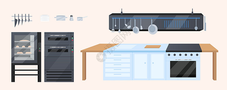 厨房家具平板彩色矢量物体图片