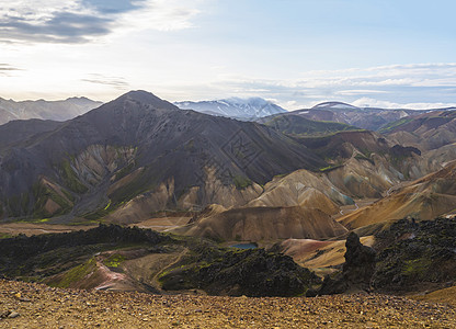 冰岛高地地区 Fjallabak 自然保护区五颜六色的山全景与多色火山和火山湖图片