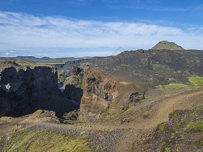 在冰岛高地Fjellabak自然保护区Botnar营地附近有绿色山丘和Hattafell山的河峡谷和河流 蓝天背景 环形溪流假期图片