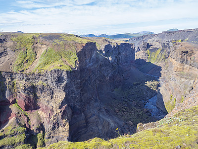 在冰岛高地Fjellabak自然保护区Botnar营地附近 蓝天背景的青苔谷和河流中覆盖着绿色山岳 校对 Portnar火山蓝色图片