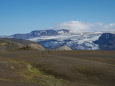 冰岛风景与冰川舌 河和青山 Fjallabak 自然保护区 冰岛 夏天的蓝天火山远足自然蓝色苔藓旅游天空旅行舌头碎石图片