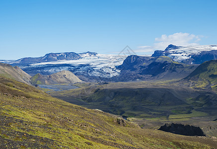 冰岛风景与冰川舌 河和青山 Fjallabak 自然保护区 冰岛 夏天的蓝天天空远足火山冰舌冒险碎石踪迹自然冰盖旅行图片