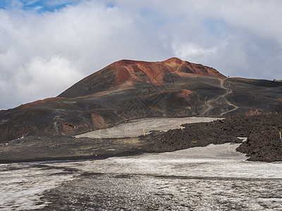 远足小径的红色和黑色火山冰岛景观与冰川火山熔岩场 雪和 magni 和 mudi 山 由 2010 年影响整个欧洲空中交通的喷发图片