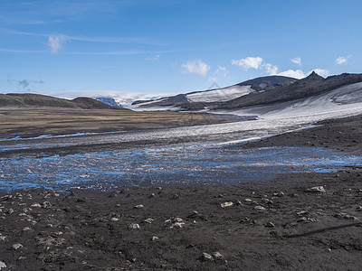 冰川和火山 熔岩灰 来自融雪和冰的蓝流 冰岛 夏蓝天空崎岖自然冒险冰盖溪流远足旅行风景旅游高地图片