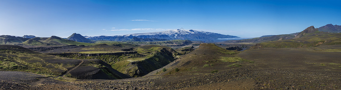 巨人峡谷 Markarfljot河和冰川火山和绿色山丘的全景 冰岛费亚巴克自然保护区 夏季蓝天 云彩图片