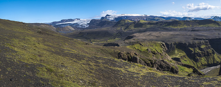 全景景观与蓝色河峡谷 绿色山丘和火山冰川 洛加维格远足径 Fjallabak 自然保护区 冰岛 夏天的蓝天旅游蓝色踪迹冰舌高地冒图片