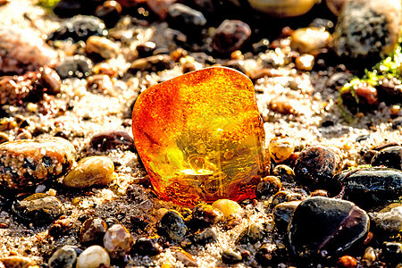 在波罗的海的海滩上安珀化石水晶橙子材料石头宝石宏观康复首饰果汁背景图片