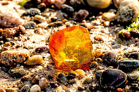 在波罗的海的海滩上安珀宏观康复果汁树脂鹅卵石宝石石头地质学材料岩石背景图片