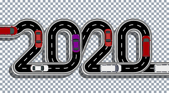 2020年新年 这条道路是固定的标志 汽车和面包车 卷式标记 有透明背景的阴影 插图图片
