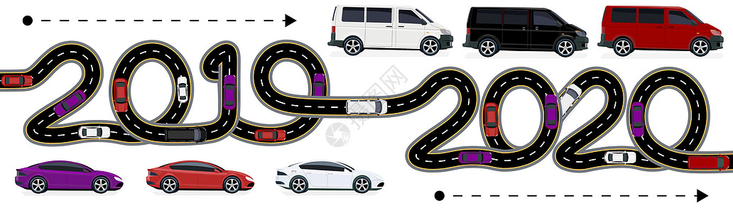 2019-2020 象征着向新年的过渡 展示了汽车的流动情况 道路上标有标准化标记 插图图片