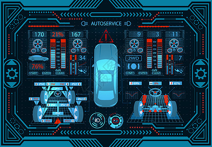  汽车仪表板汽车服务 GUI 诊断性铲平轮 检查弹簧 车辆参数 插图插画