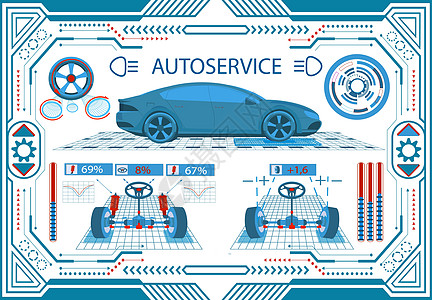 汽车服务 白色背景框中的接口 诊断性平整轮 检查弹簧 车辆参数 插图说明(请查阅)图片