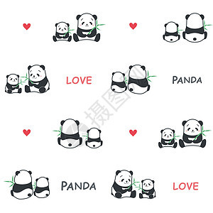 滑稽的漫画风格熊猫以竹矢量图解作为父母和子女家庭的一部分打印卡通片绘画荒野竹子大熊猫孩子母亲微笑收藏图片