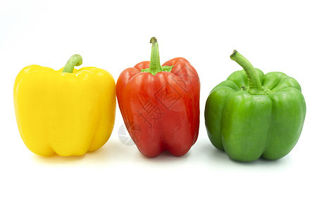 白色背景上隔离的三片胡椒绿色饮食辣椒食物烹饪蔬菜黄色橙子红色图片
