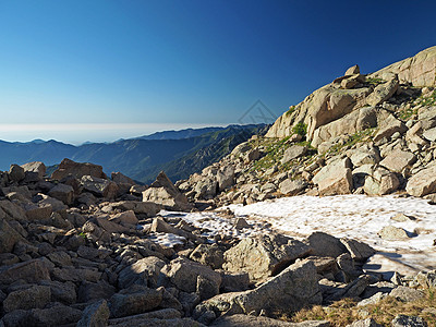 山地风景中的野生岩石和雪图片